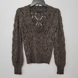 The Limited Y2K Open Knit Sweater Deep V‎ Neck Brown Black w/ Wool Alpaca Mohair